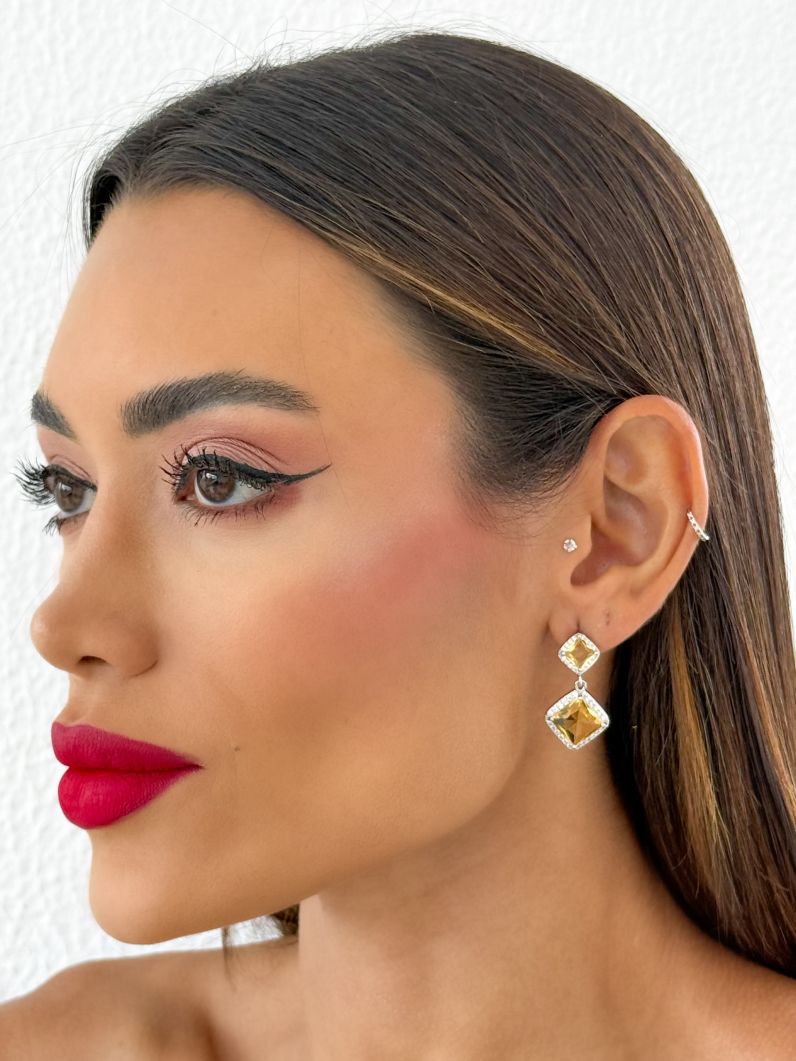 Brinco Folheado a Ouro 18k e Prata Quadrado Duplo de Cristal