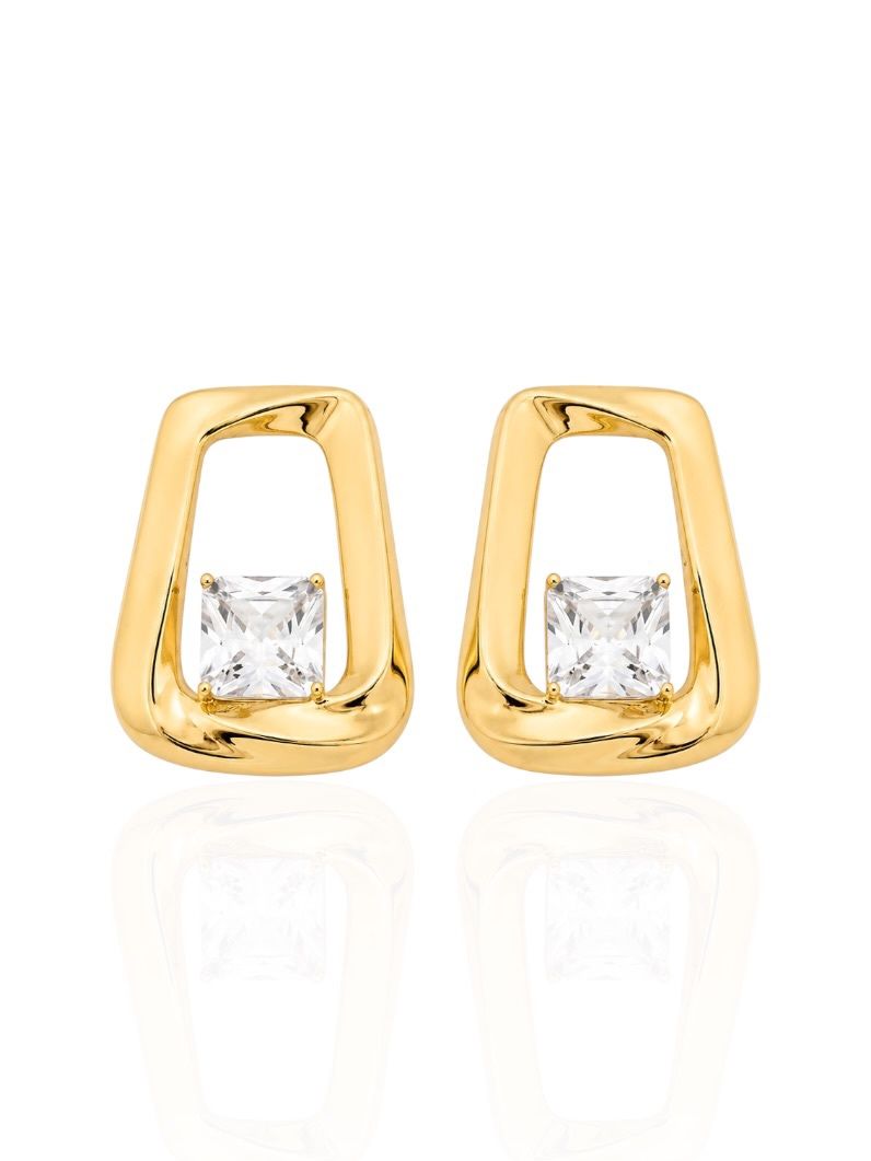 Brinco Folheado a Ouro 18k e Prata Quadrado Torcido e Cristal