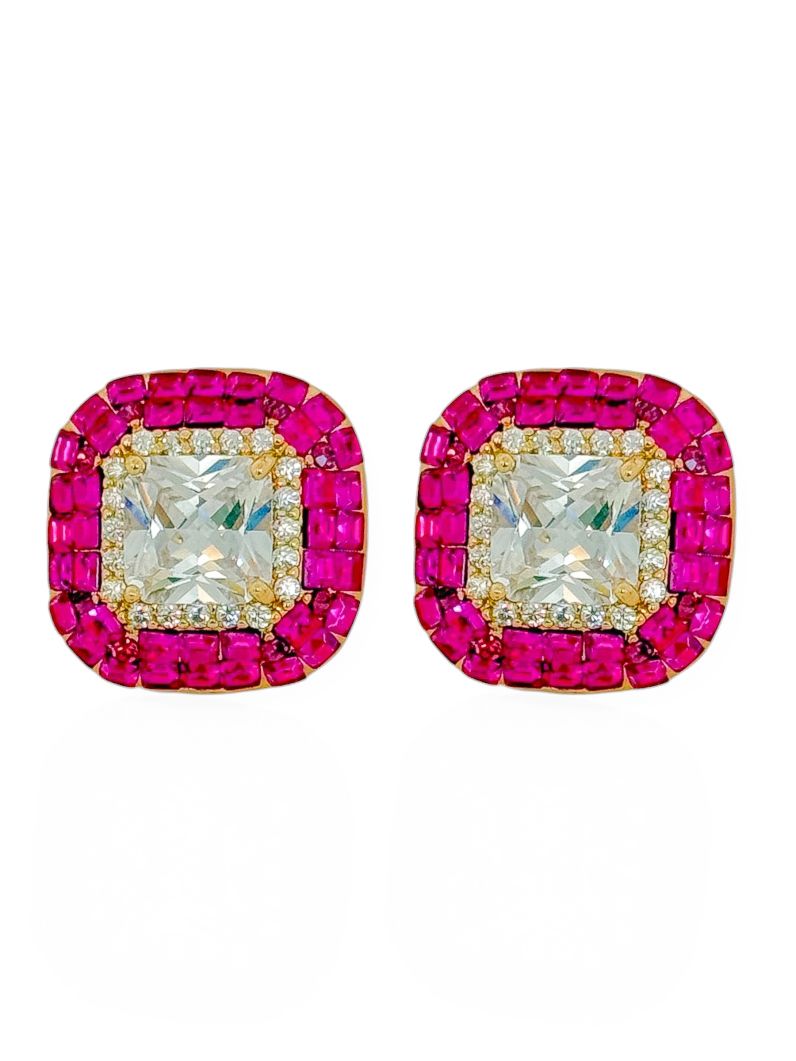 Brinco Folheado a Ouro 18k e Prata Quadrado Trabalhado em Zirconia