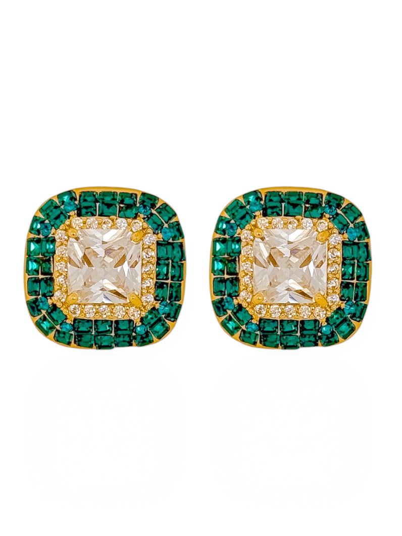 Brinco Folheado a Ouro 18k e Prata Quadrado Trabalhado em Zirconia