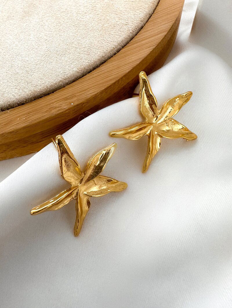 Brinco Folheado a Ouro 18k Flor Cinco Pétalas Marteladas