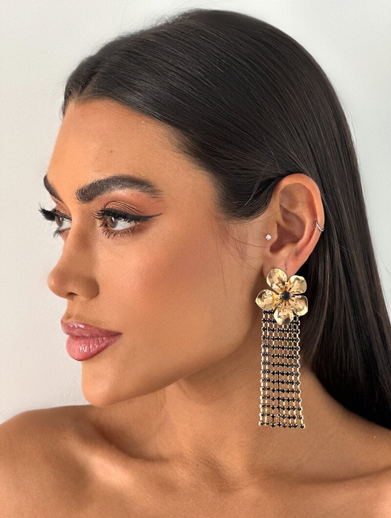 Brinco Folheado a Ouro 18k Flor com Franja de Micro Zircônia