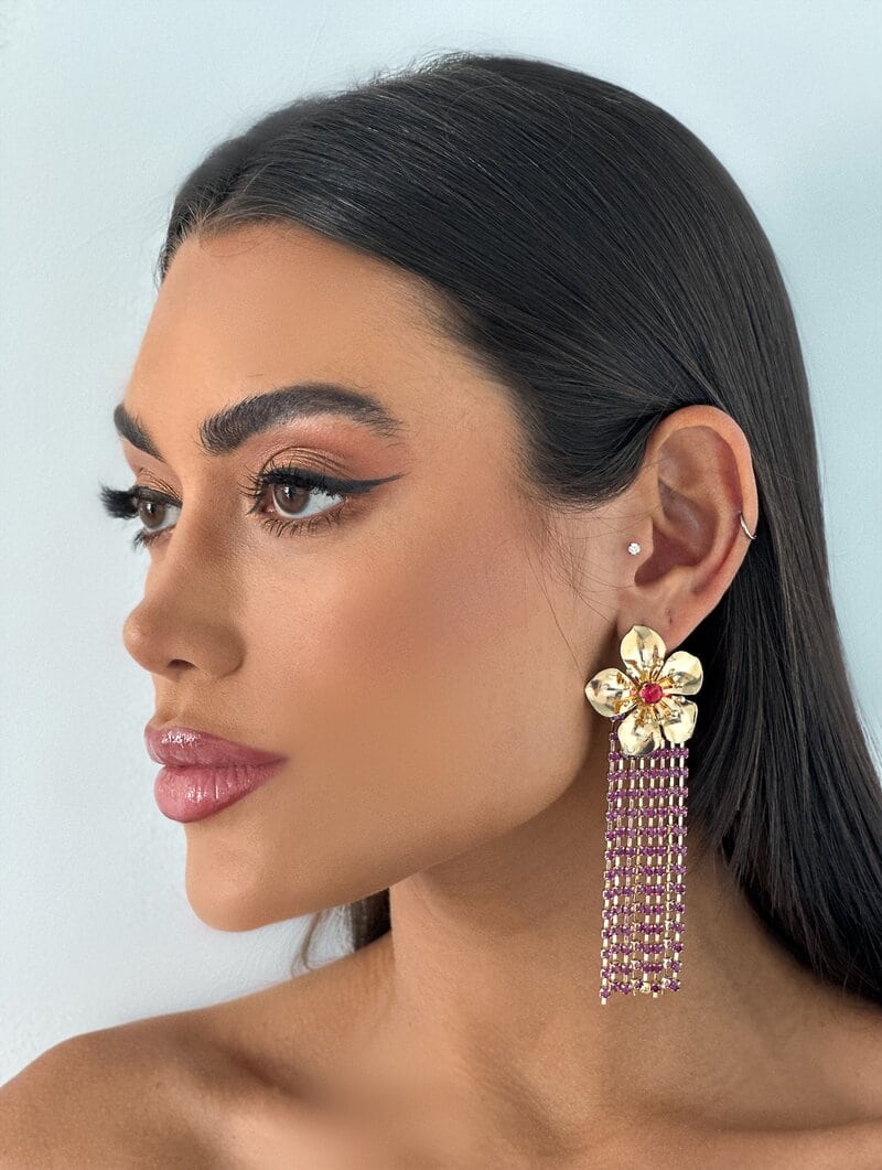 Brinco Folheado a Ouro 18k Flor com Franja de Micro Zircônia