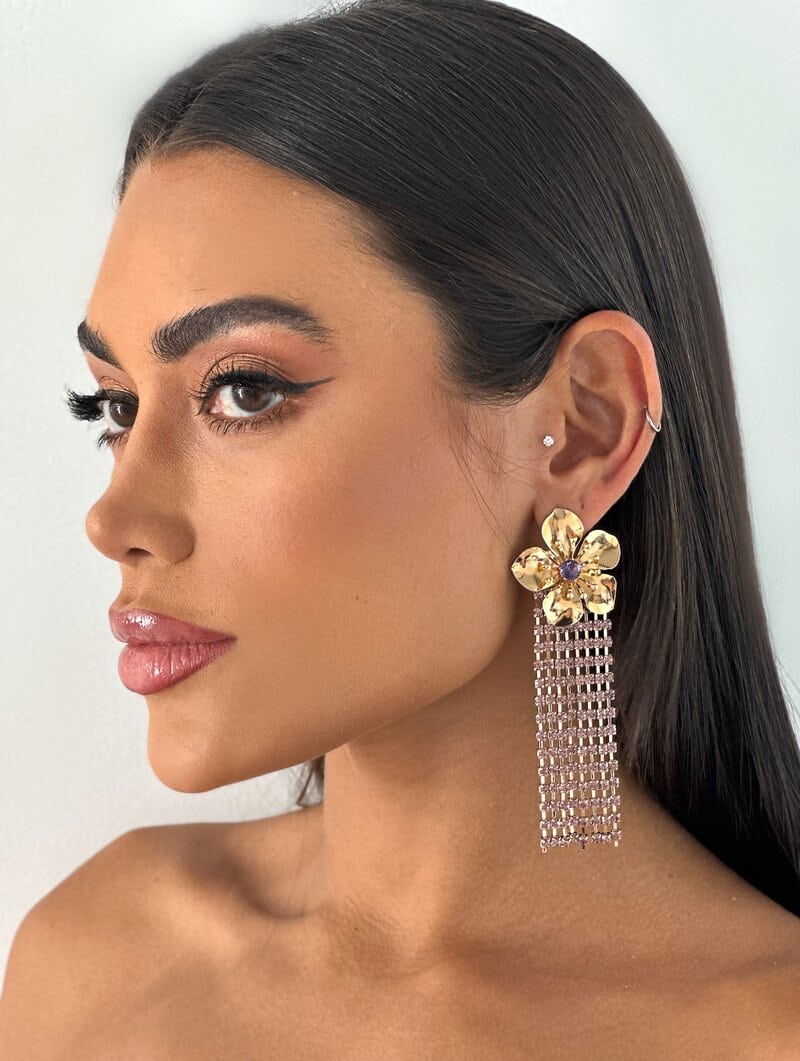 Brinco Folheado a Ouro 18k Flor com Franja de Micro Zircônia