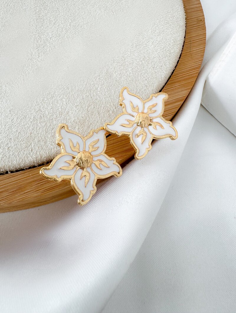 Brinco Folheado a Ouro 18k Flor Resinada Cinco Pétalas