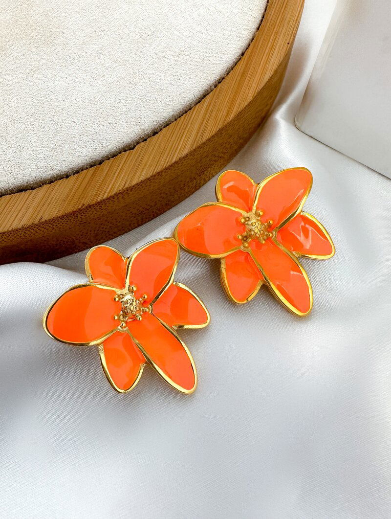 Brinco Folheado a Ouro 18k Flor Seis Pétalas Resinado