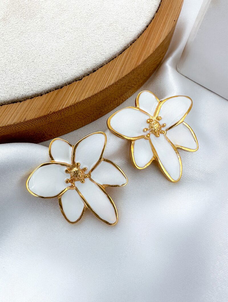 Brinco Folheado a Ouro 18k Flor Seis Pétalas Resinado