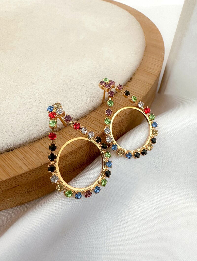 Brinco Folheado a Ouro 18K Gota Cravejada com Circulo Vazado.