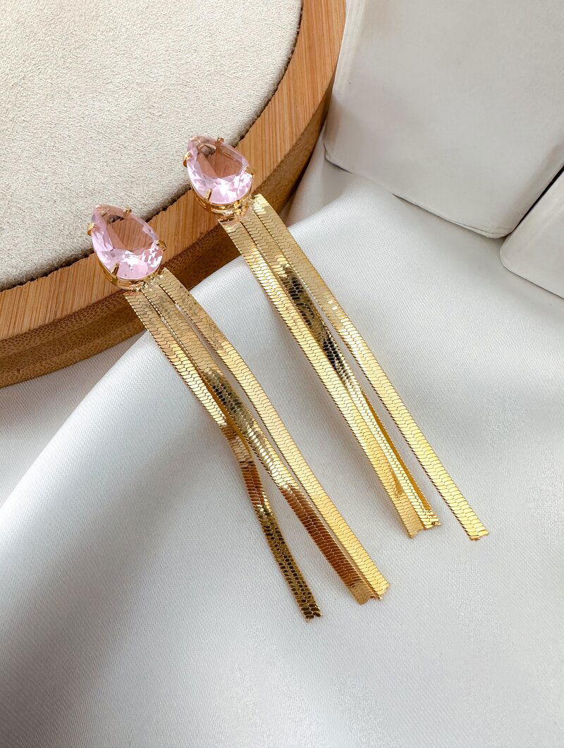 Brinco Folheado a Ouro 18k Gota de Zircônia com Fitas Laminadas