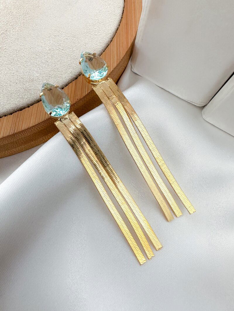 Brinco Folheado a Ouro 18k Gota de Zircônia com Fitas Laminadas