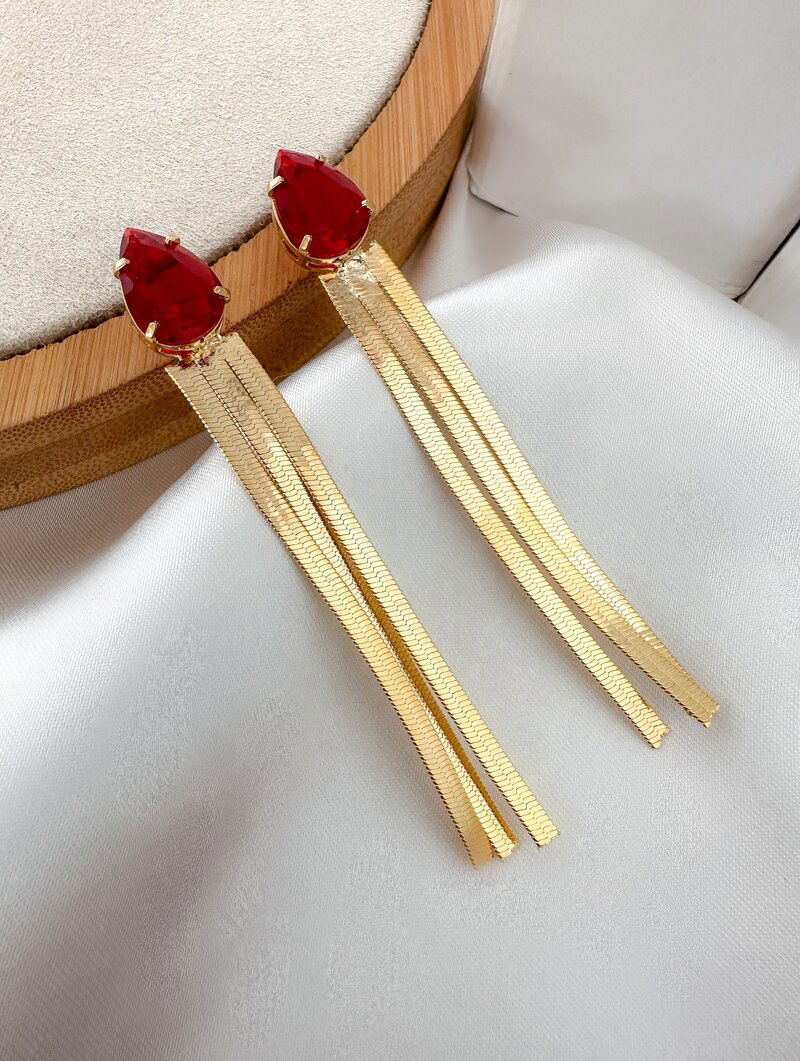 Brinco Folheado a Ouro 18k Gota de Zircônia com Fitas Laminadas