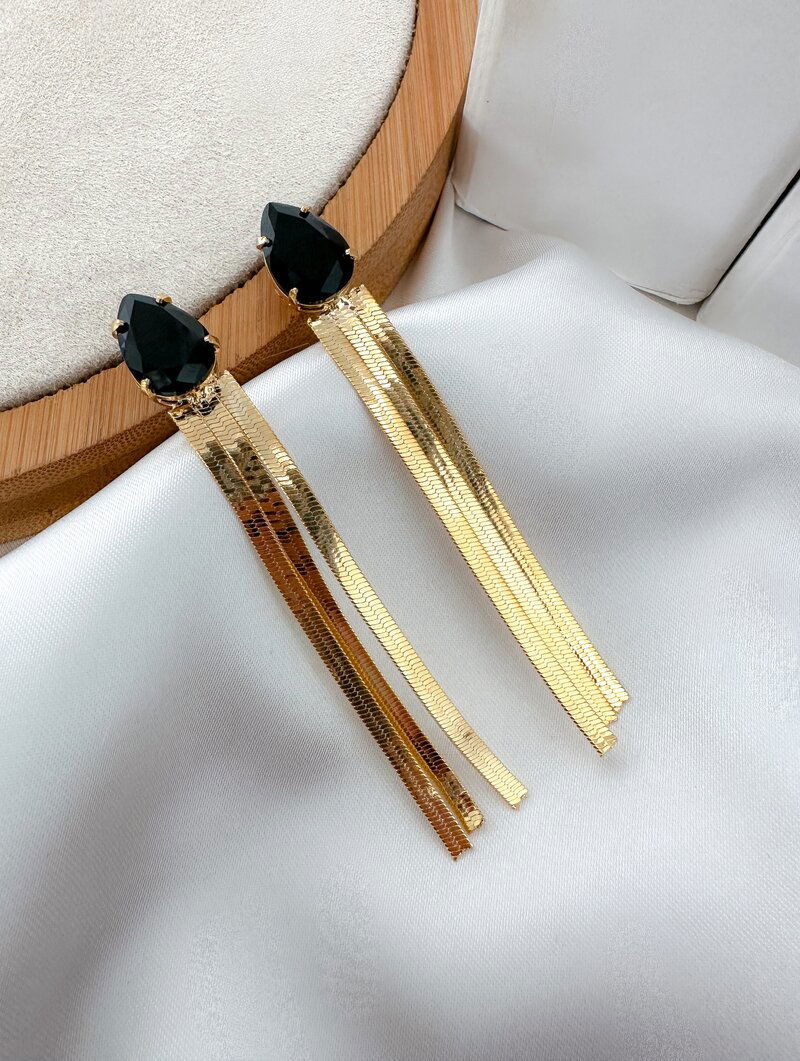 Brinco Folheado a Ouro 18k Gota de Zircônia com Fitas Laminadas