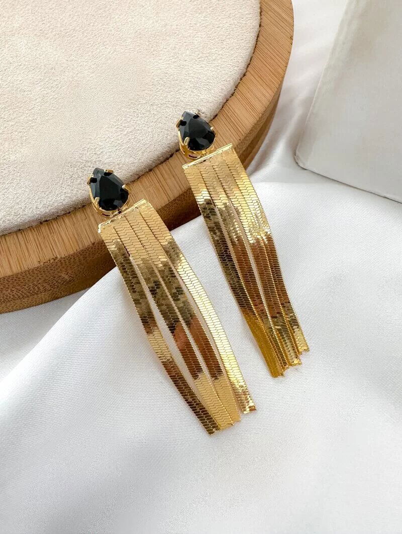 Brinco Folheado a Ouro 18k Gota de Zircônia com Fitas Laminadas