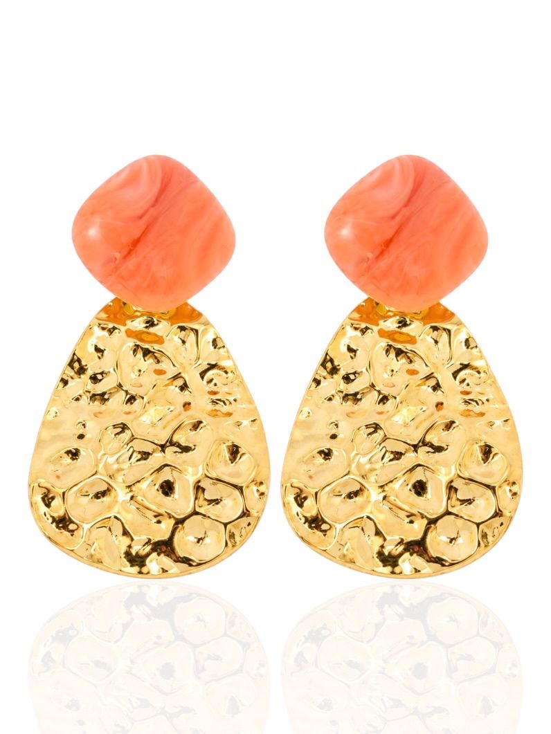 Brinco Folheado a Ouro 18k Martelado Maxi Com Ponteira Resinado Colorido