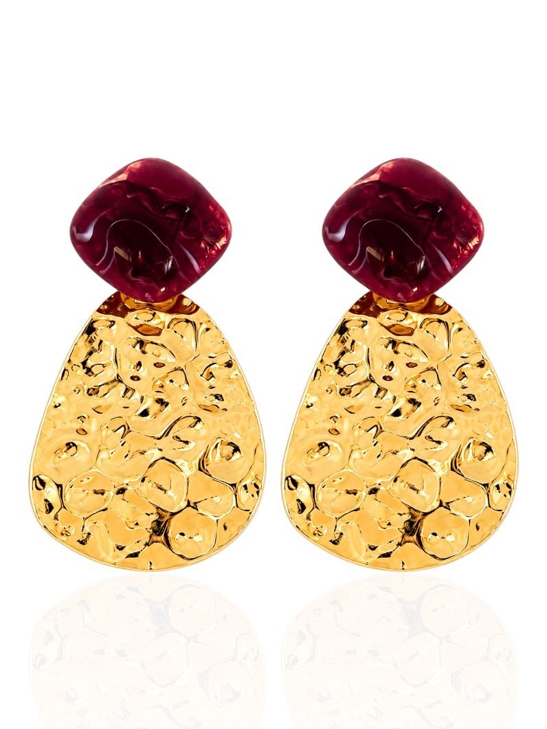 Brinco Folheado a Ouro 18k Martelado Maxi Com Ponteira Resinado Colorido