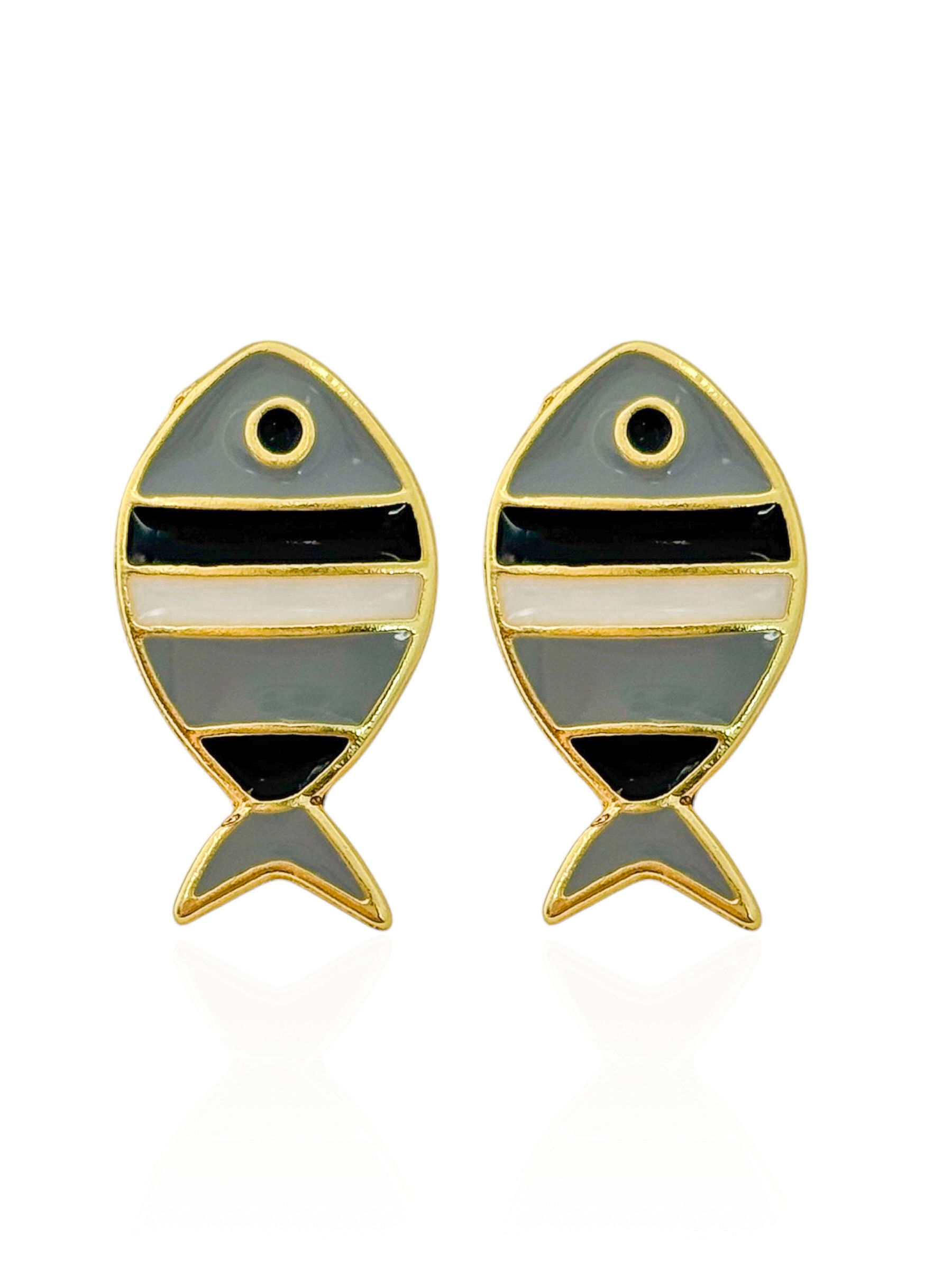 Brinco Folheado a Ouro 18k Peixe Resinado Colorido