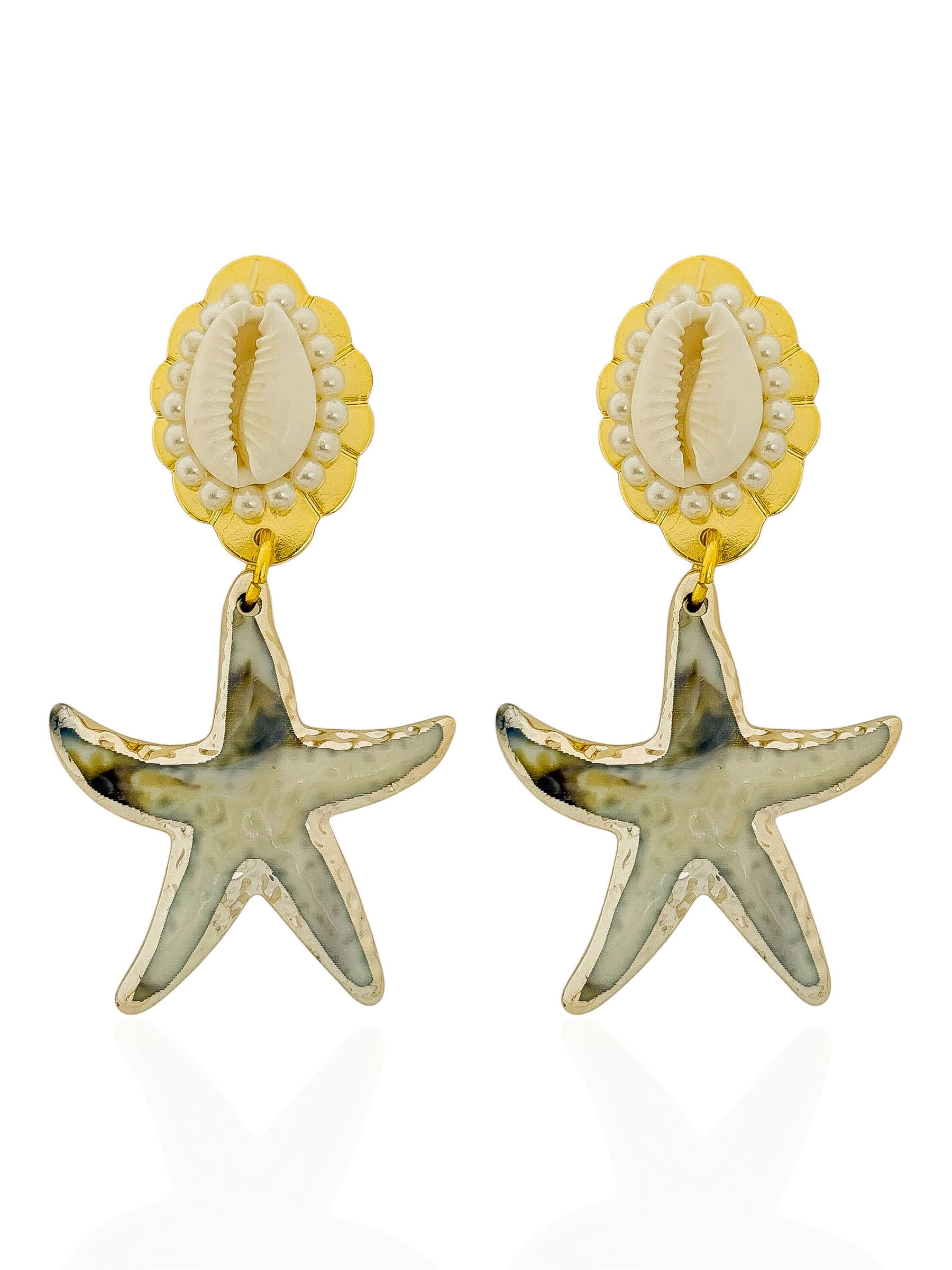 Brinco Folheado a Ouro 18k Ponteira Buzios Com Estrela do Mar