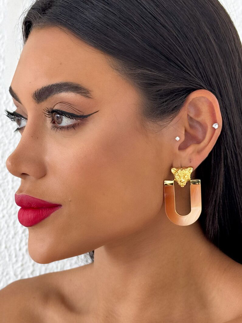 Brinco Folheado a Ouro 18k Ponteira Inspiração Grandes Marcas Com Resina