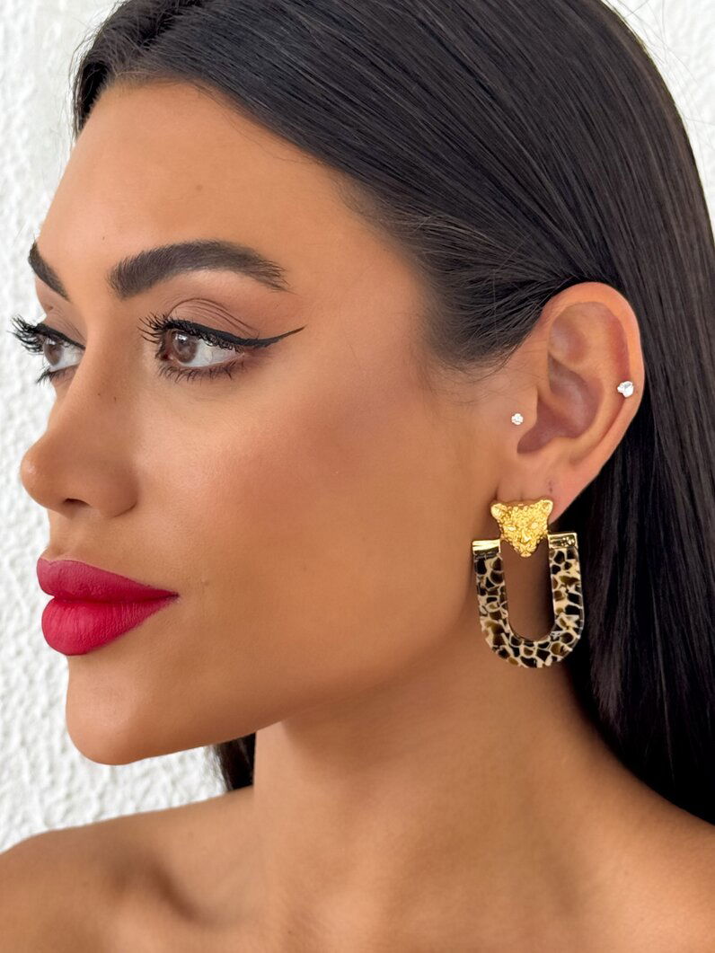 Brinco Folheado a Ouro 18k Ponteira Inspiração Grandes Marcas Com Resina