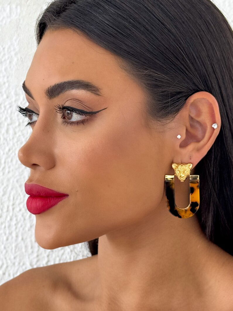 Brinco Folheado a Ouro 18k Ponteira Inspiração Grandes Marcas Com Resina