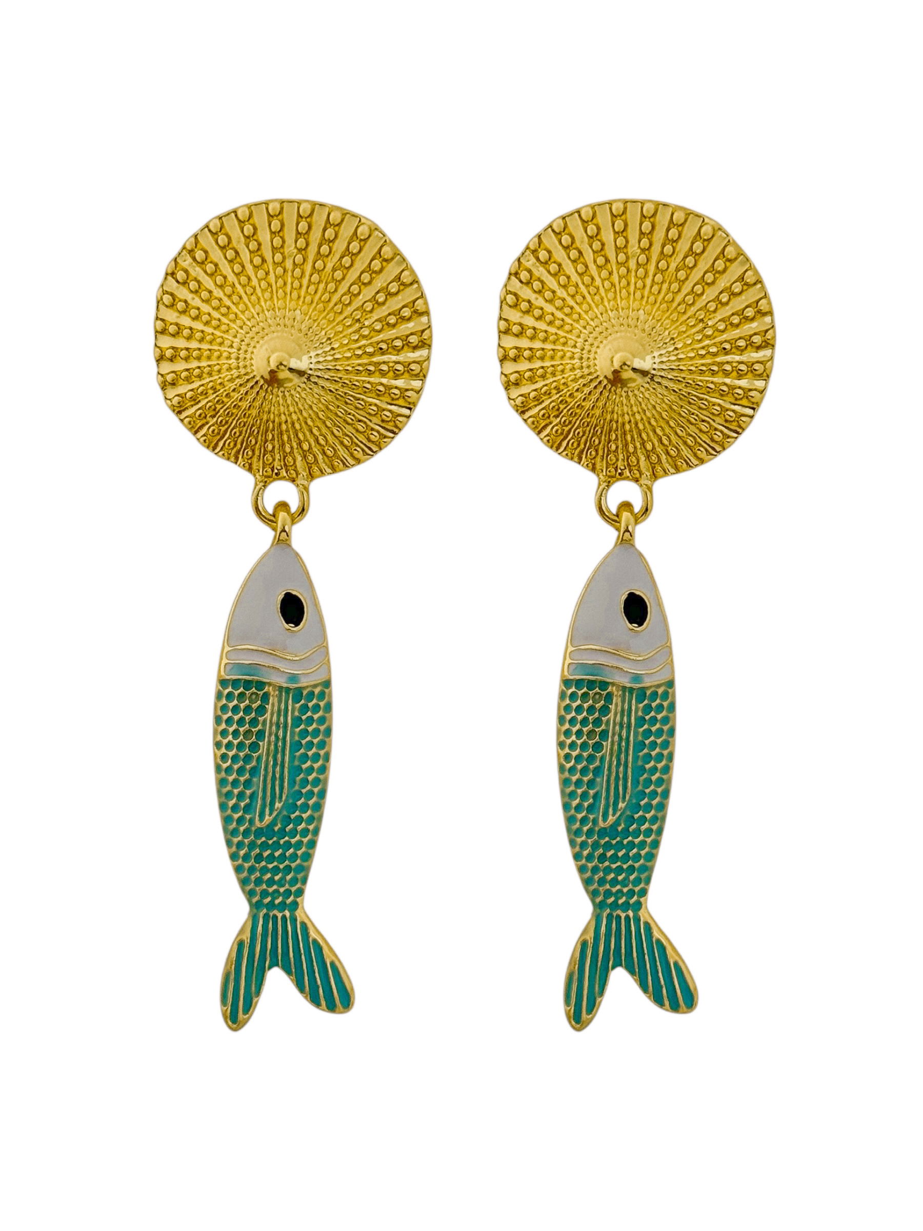 Brinco Folheado a Ouro 18k Ponteira Texturizada Com Pingente Peixe