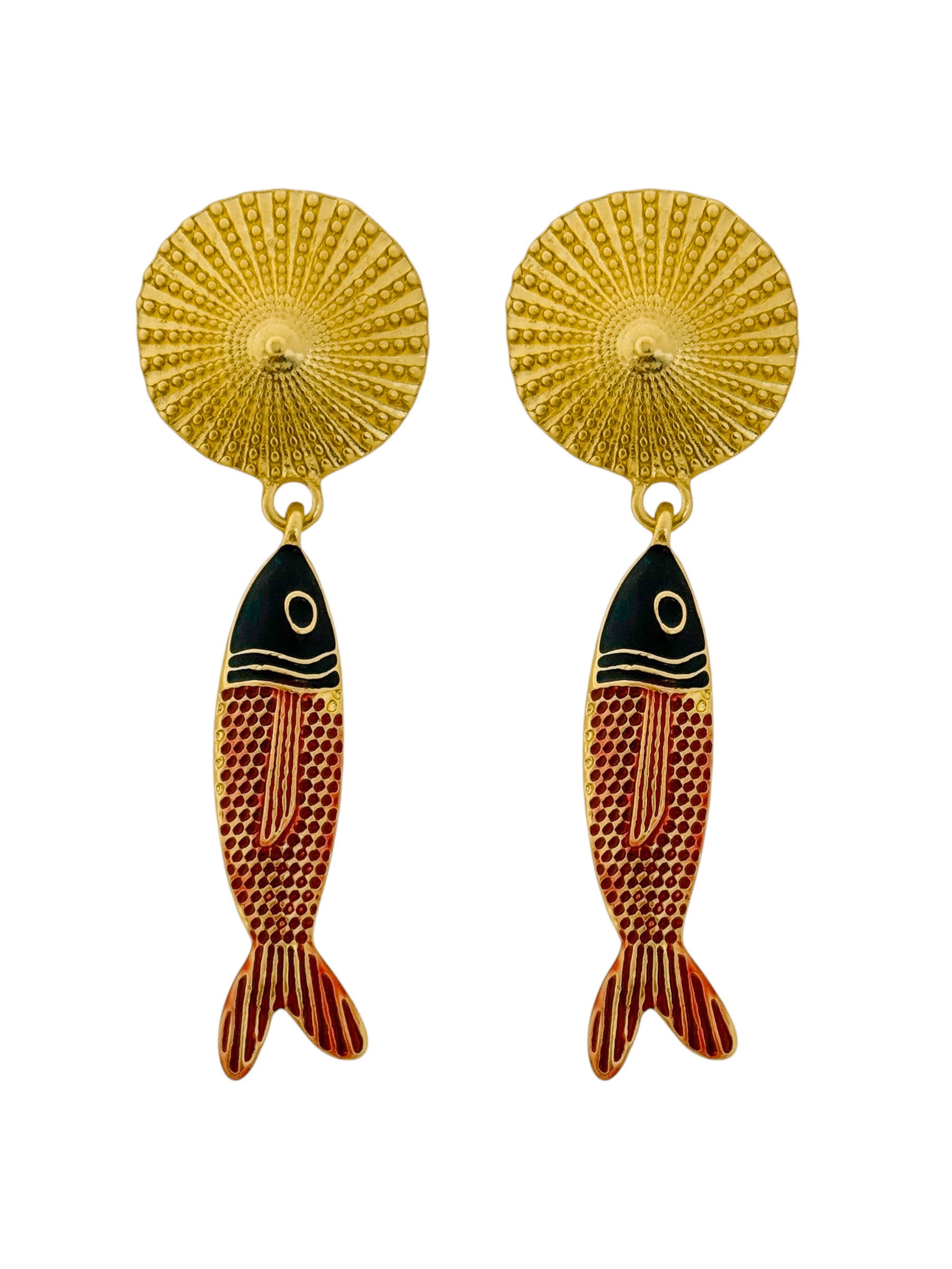 Brinco Folheado a Ouro 18k Ponteira Texturizada Com Pingente Peixe