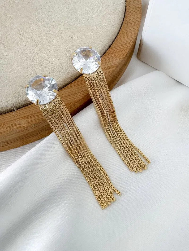 Brinco Folheado a Ouro 18k Ponteira Zircônia com Franja