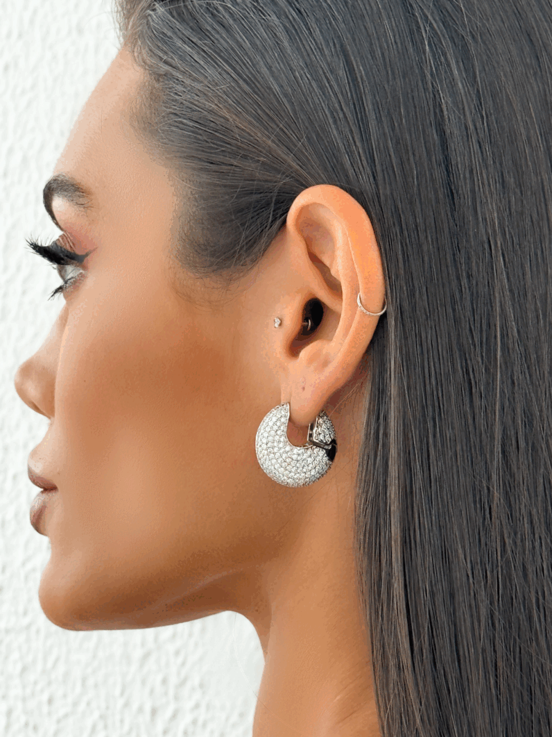 Brinco Folheado a Prata Argola Luxo Cravejada