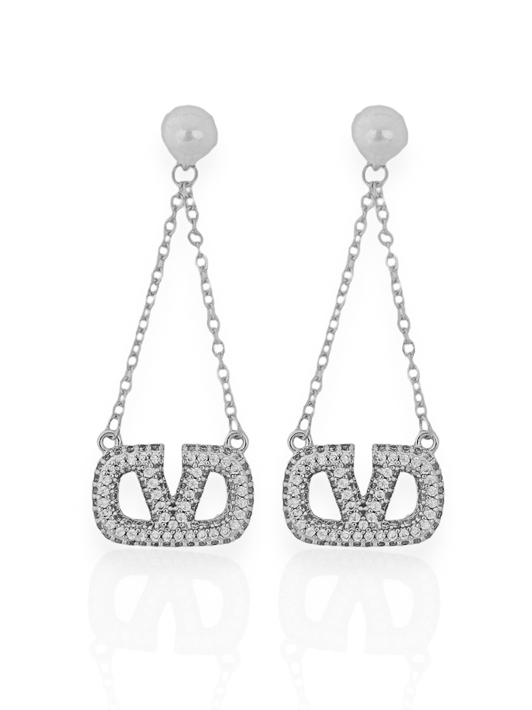 Brinco Semi Joia Ouro e Prata Inspiração V Cravejado Com Pérola