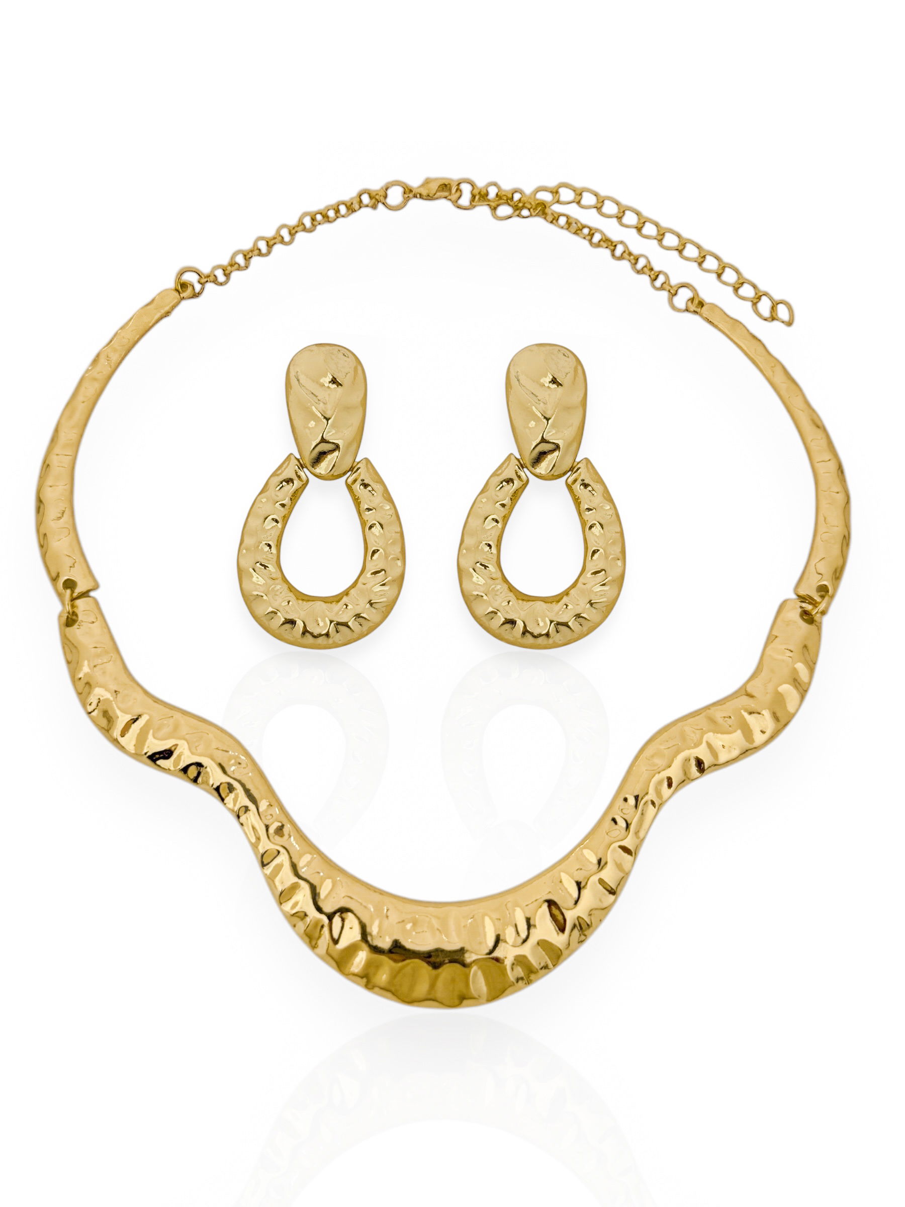 Conjunto Colar e Brinco Duplos Folheado a Ouro 18k e Prata Mix banho Martelado