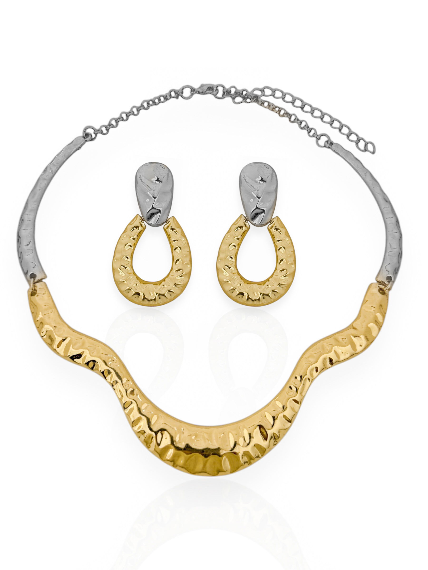 Conjunto Colar e Brinco Duplos Folheado a Ouro 18k e Prata Mix banho Martelado