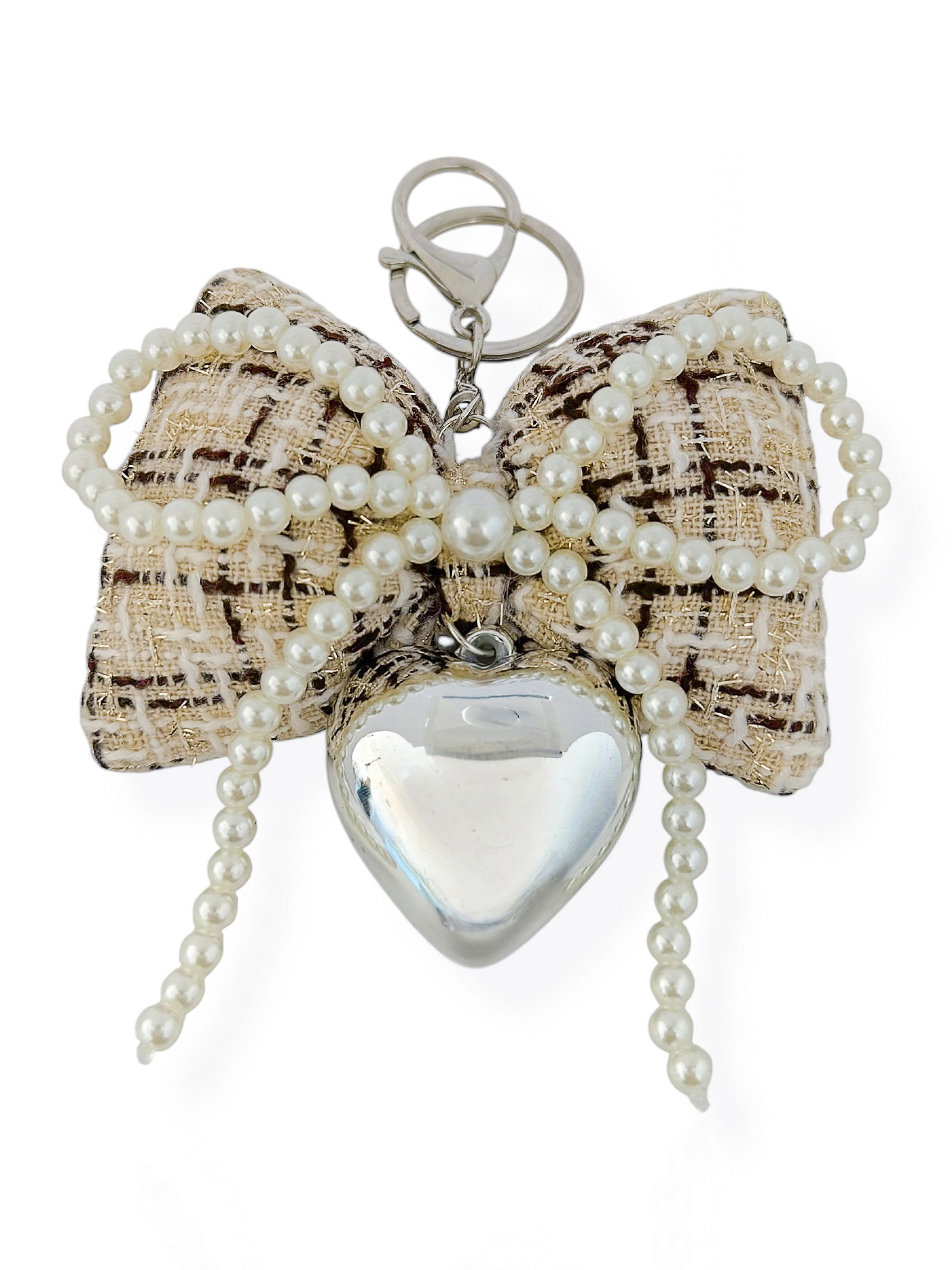 Chaveiro Folheado a Prata Laço Almofadinha com Perolas e Coração