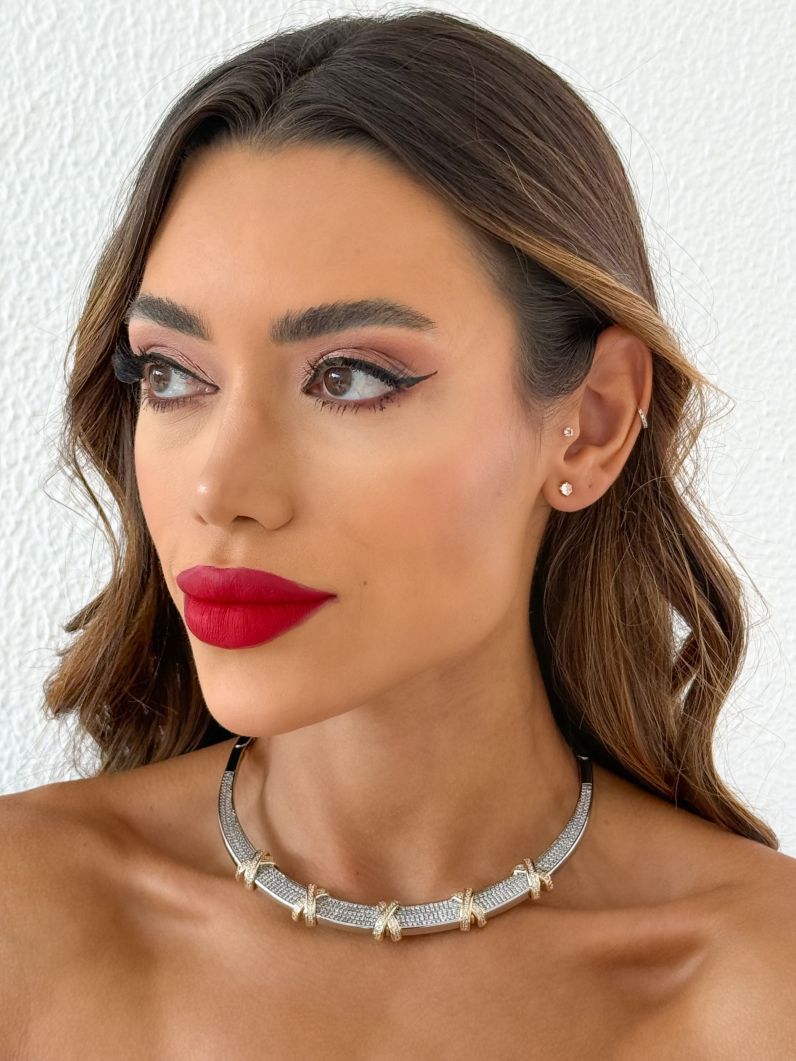 Choker Aro Folheado a Ouro 18k e Prata Cravejado Design X
