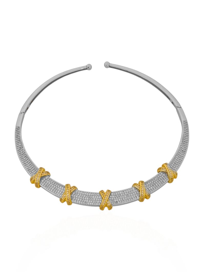 Choker Aro Folheado a Ouro 18k e Prata Cravejado Design X