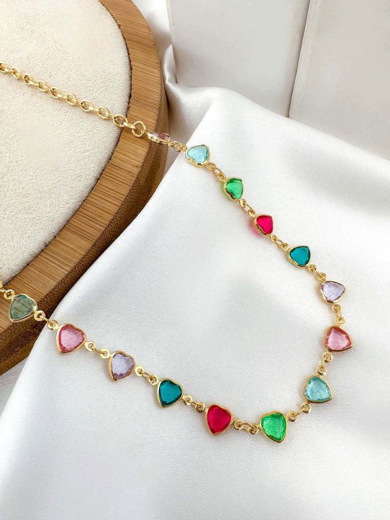 Choker coração de cristal colorida folheado a ouro 18k e prata 925