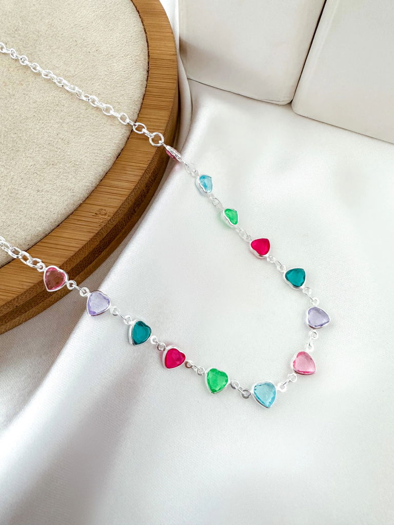 Choker coração de cristal colorida folheado a ouro 18k e prata 925