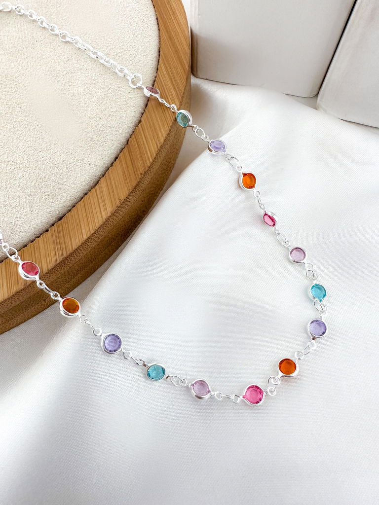 Choker de cristais redondo colorido folheado a ouro 18k e prata 925
