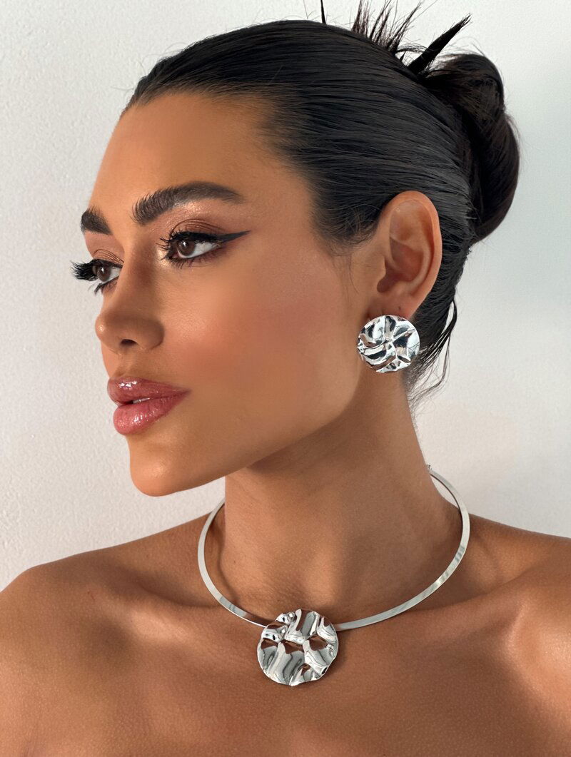 Choker e Brinco Folheado a Ouro 18k e Prata Aro com Botton Martelado