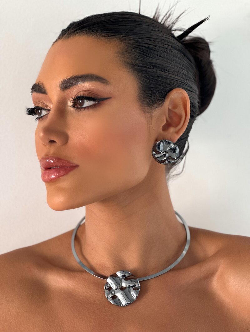 Choker e Brinco Folheado a Ouro 18k e Prata Aro com Botton Martelado