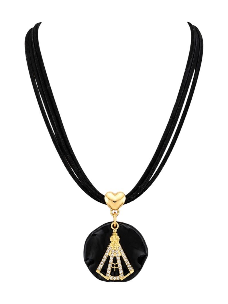 Choker Fios Courinho Com Pingente Folheado a Ouro 18k Nossa Senhora Com Zirconia e Resinado