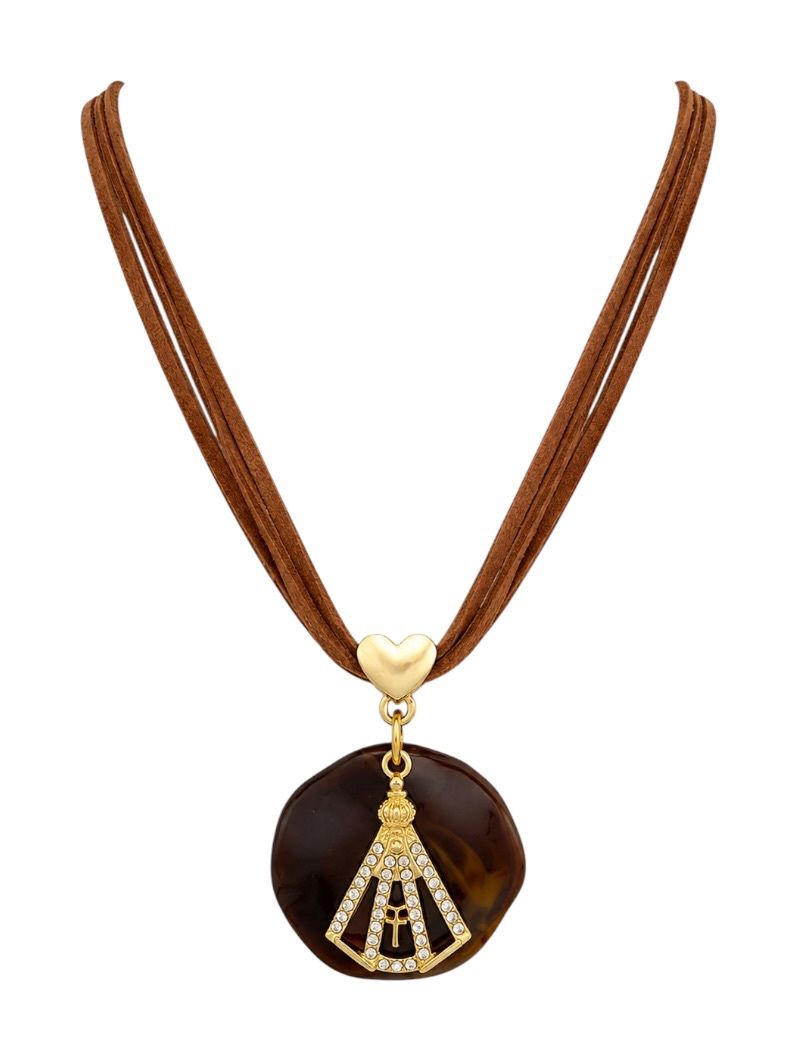 Choker Fios Courinho Com Pingente Folheado a Ouro 18k Nossa Senhora Com Zirconia e Resinado