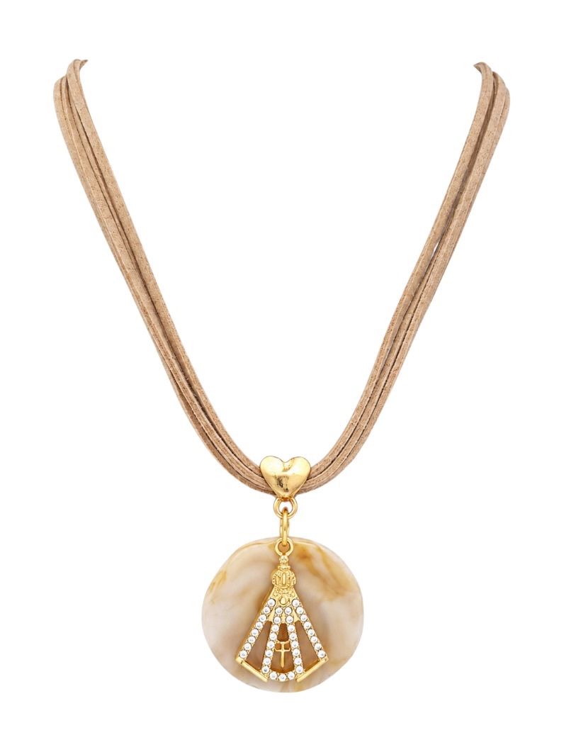 Choker Fios Courinho Com Pingente Folheado a Ouro 18k Nossa Senhora Com Zirconia e Resinado