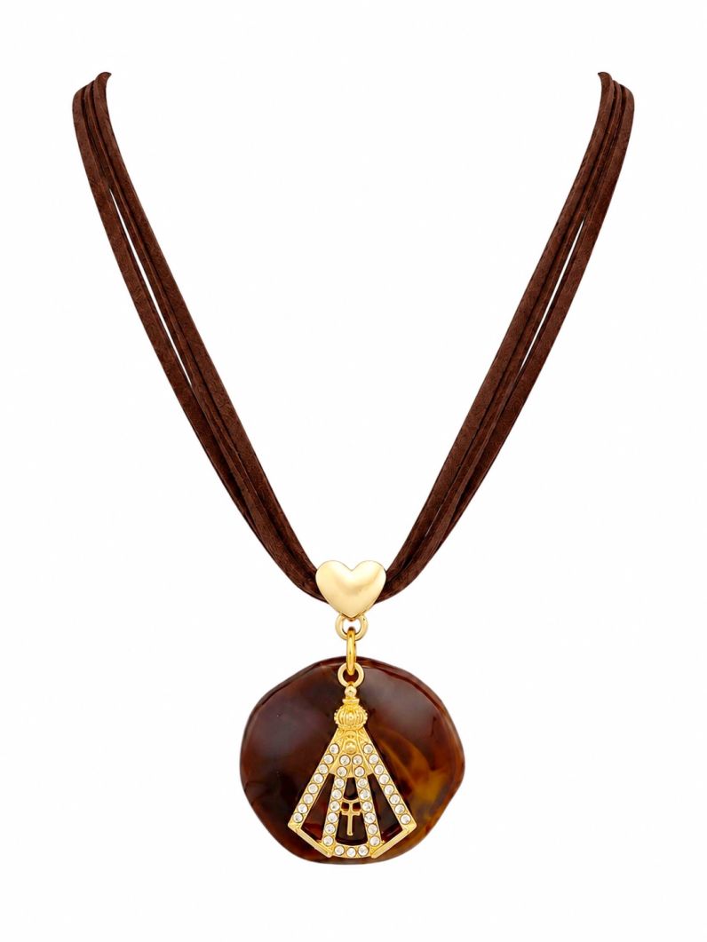 Choker Fios Courinho Com Pingente Folheado a Ouro 18k Nossa Senhora Com Zirconia e Resinado