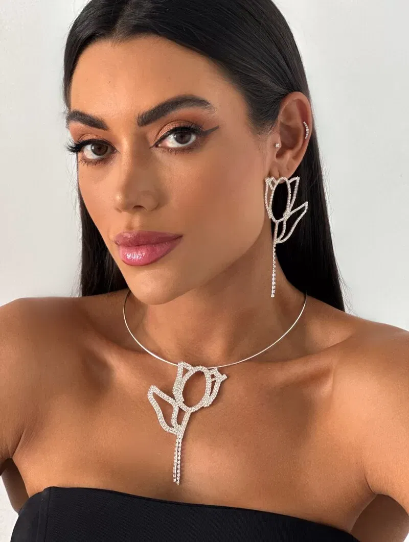 Choker Folheado a Ouro 18k e Prata Maxi Flor Cravejada