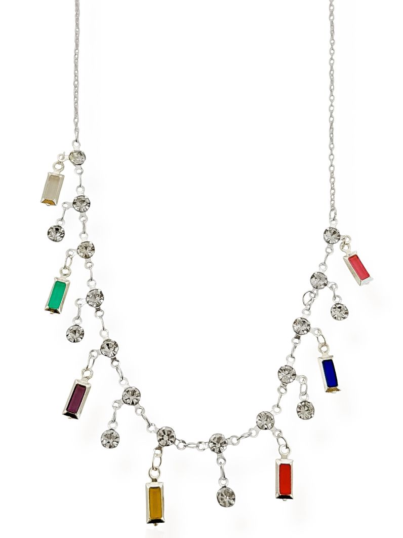 Choker Folheado a Prata 925 Pontos de Luz e Cristais Coloridos