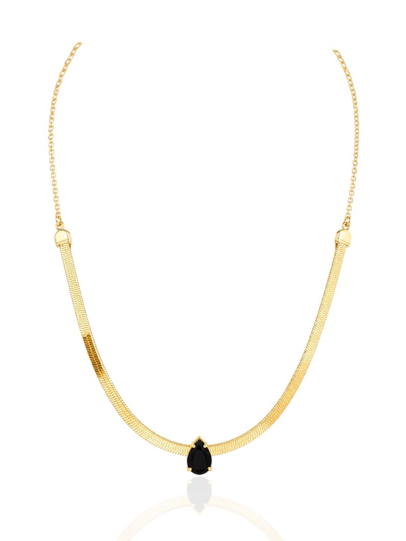 Choker Folheado Ouro 18k Fita Laminada Com Gota Preta