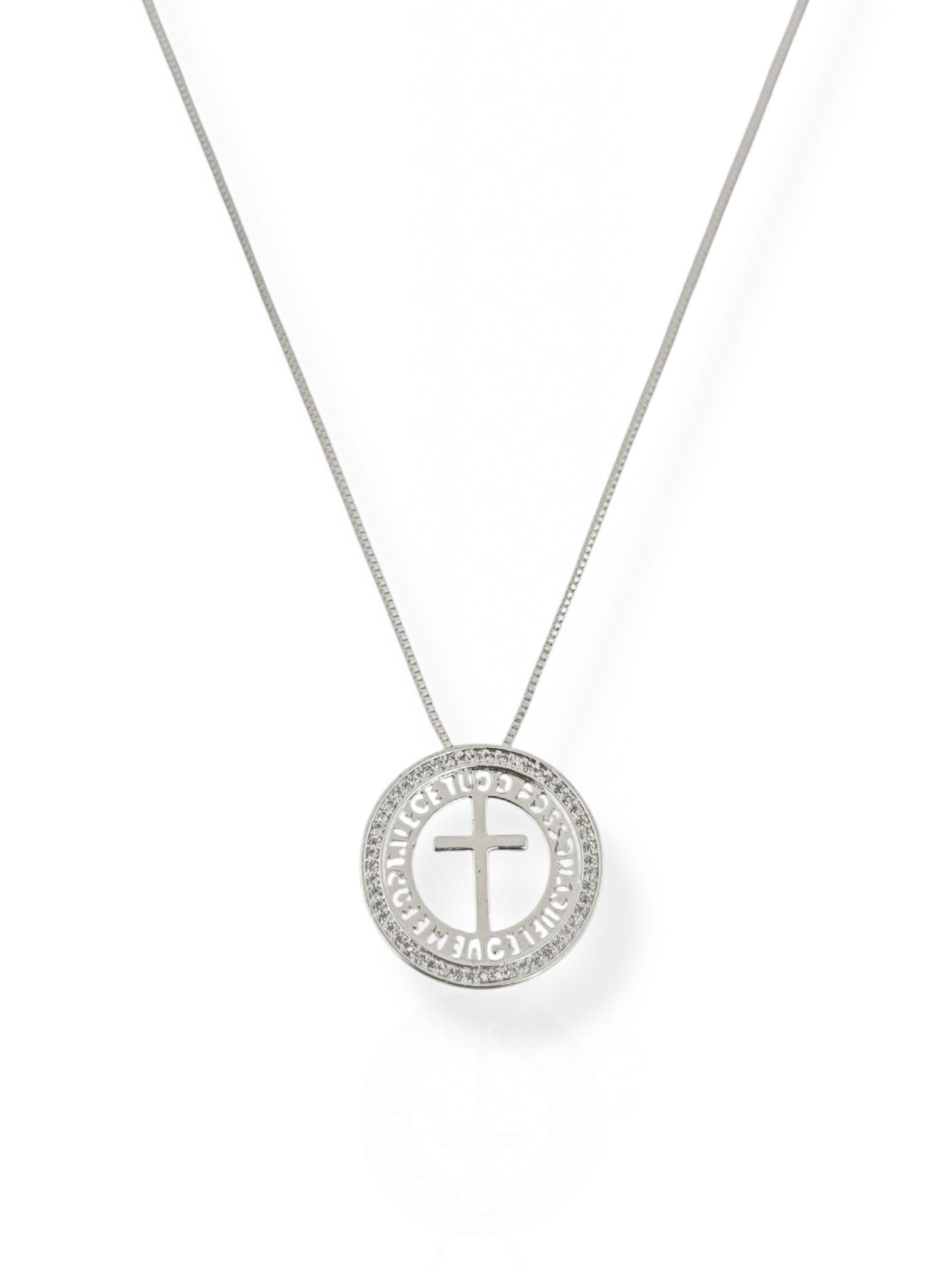 Choker Folheado Prata Pingente Cruz 'Tudo Posso Naquele que me fortalece'