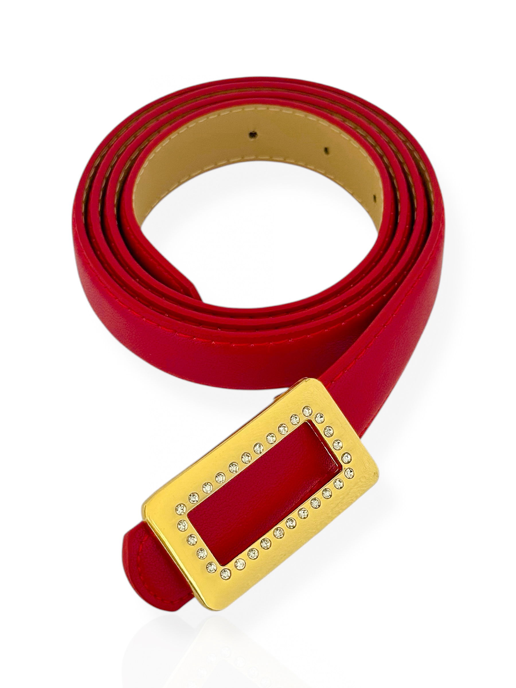 Cinto De Couro Com Fivela Folheado a Ouro 18k Design Quadrado com Zirconias