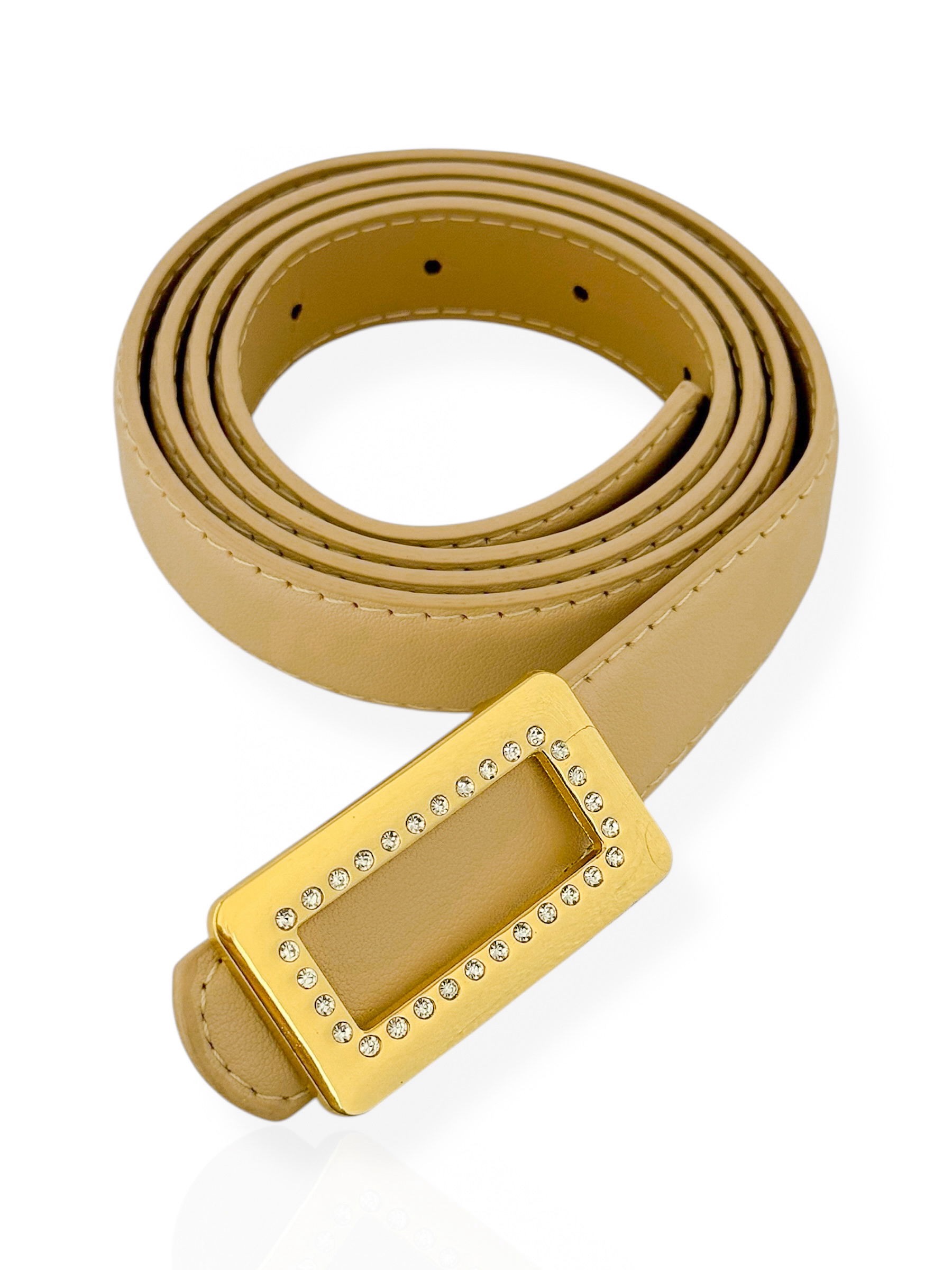 Cinto De Couro Com Fivela Folheado a Ouro 18k Design Quadrado com Zirconias