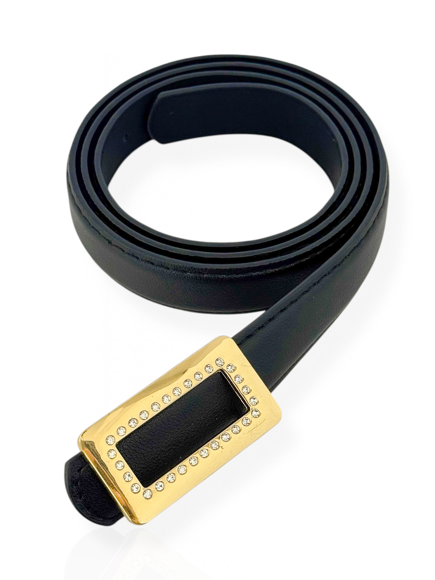 Cinto De Couro Com Fivela Folheado a Ouro 18k Design Quadrado com Zirconias